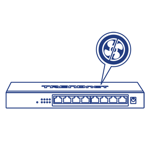 Line art of a 8-Port Network Switch with a no-fan icon.