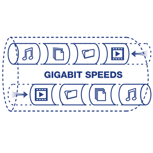 Illustration of a network cable labeled GIGABIT SPEEDS with icons representing music, video, data transfer moving through the network.