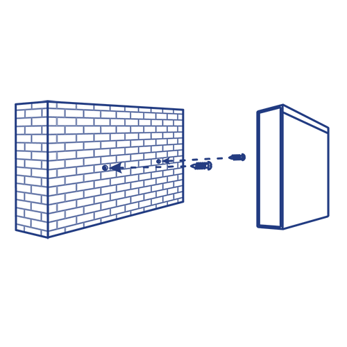 Arrow and screw pointing at wall, next to a network switch.