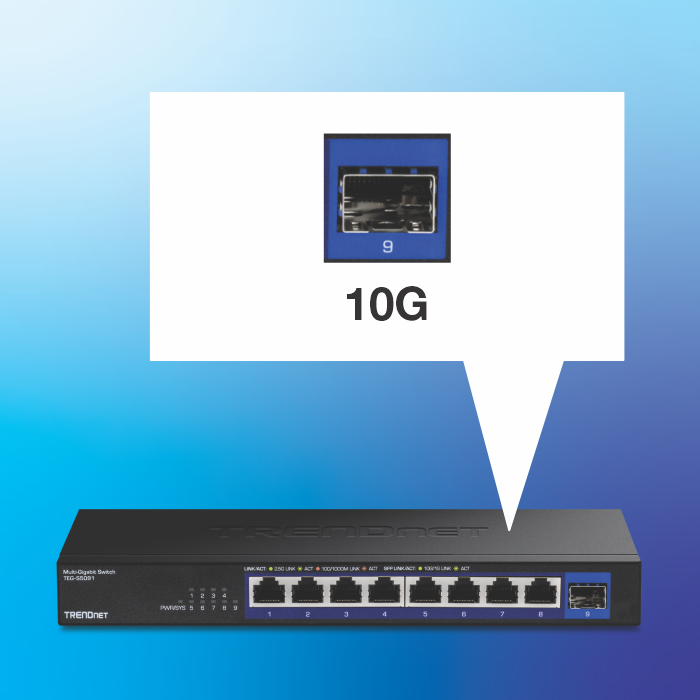 Switch de rede de 9 portas indicando velocidade de porta de 10G.