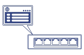 Line art of a Network switch with dashboard management speech bubble.