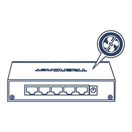 Line art of a 5-Port Network Switch with a no-fan icon.