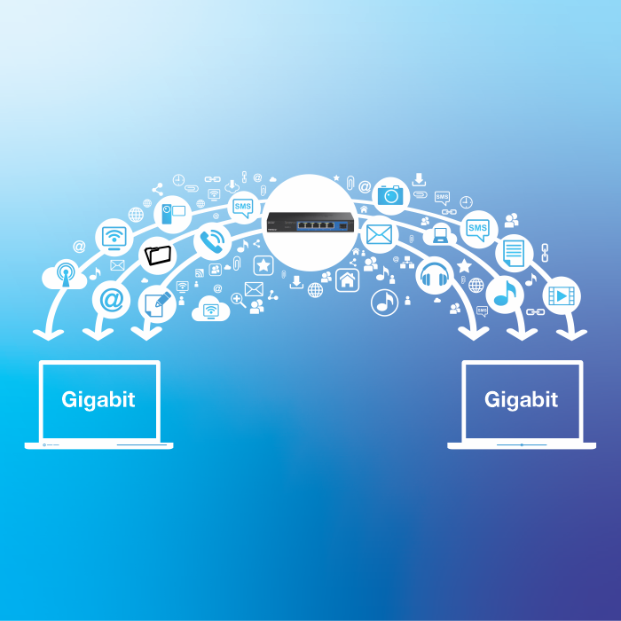 Network device facilitating gigabit data transfer between two laptops, with icons representing various data types like email, music, and video.