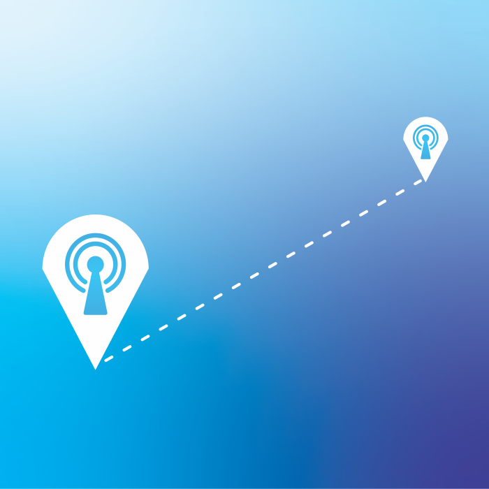 Two signal icons connected by a dashed line, representing a distant connection or communication link over a long range.