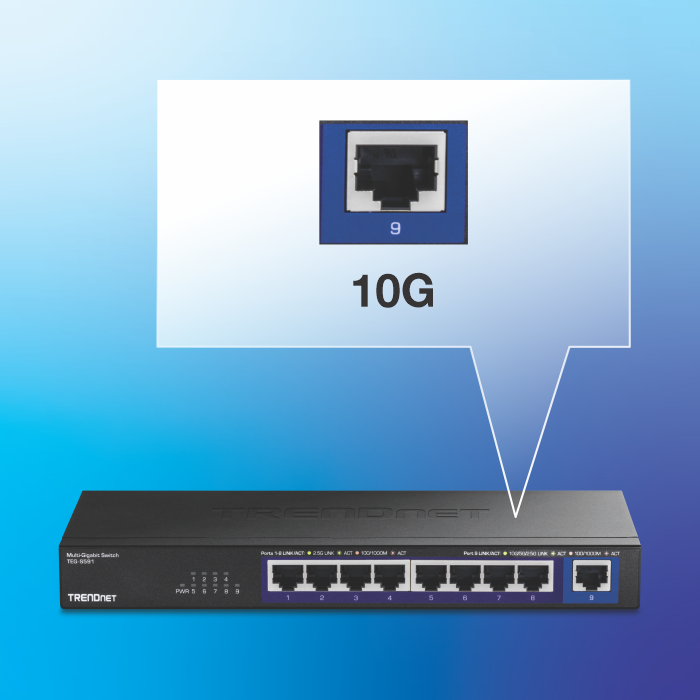 A 9-port network switch connected to a computer with 10G speed.