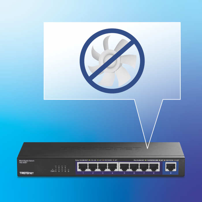 A 9-port network switch with a no fan symbol.