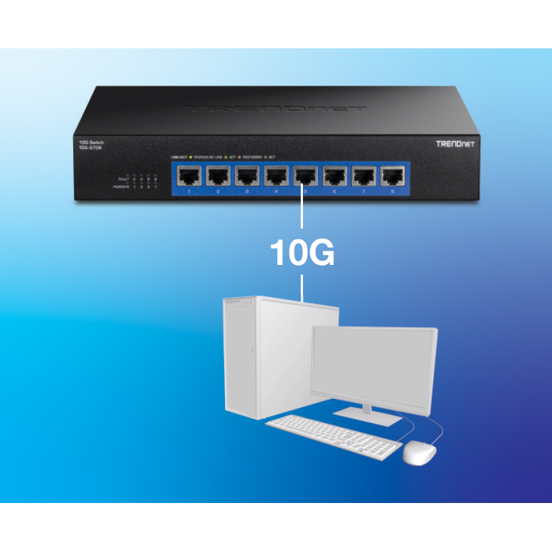 Network switch with 10G speed capability connected to a desktop computer setup.