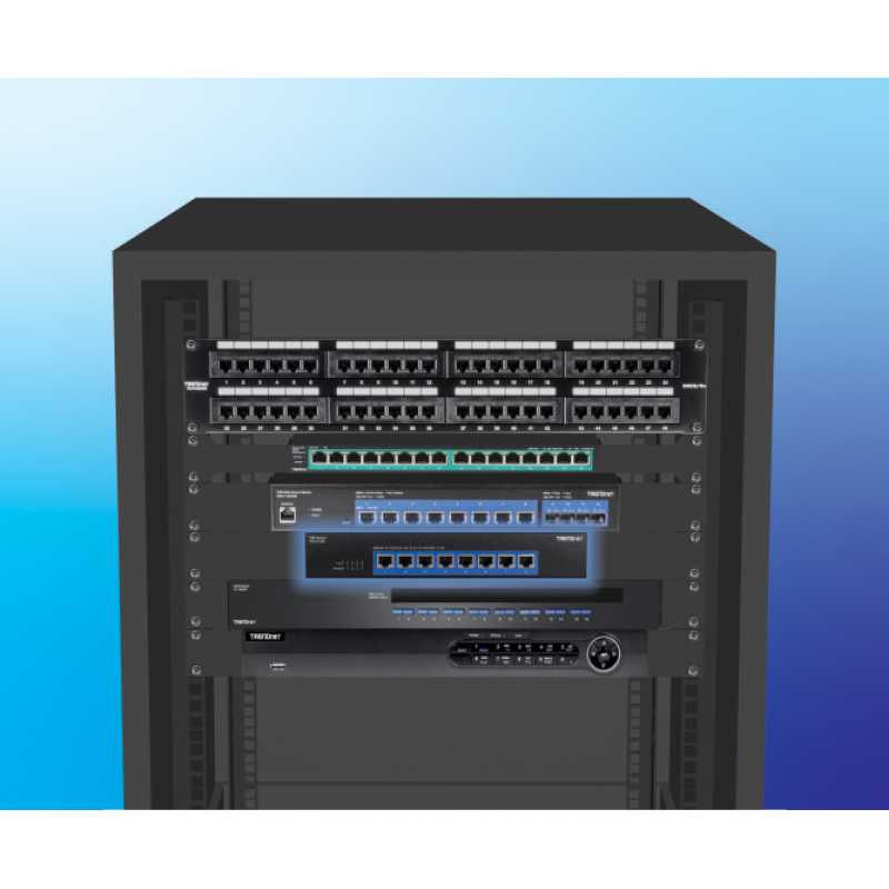 Server rack with network switch with many ports using mounting brackets.