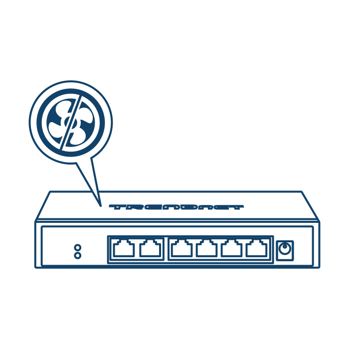 Line art of a 6-Port Network Switch with a no-fan icon.