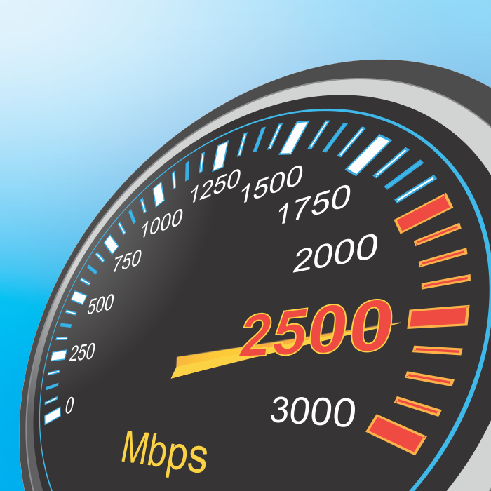 Medidor de velocidade da Internet mostrando a taxa de transferência rápida de dados.