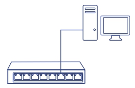 A line art of a network device, showing connection to a computer.