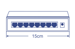 Illustration of a network switch with eight Ethernet ports on the front panel. The device is depicted as a rectangular box with a width measurement of 15 centimeters indicated below it. The switch has a power indicator on the right side.