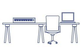 Desenho de linha de um espaço de trabalho moderno com uma mesa, cadeira de escritório, comutador e laptop.