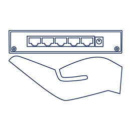 A hand emphasizing the small size of the 8-port Ethernet switch.