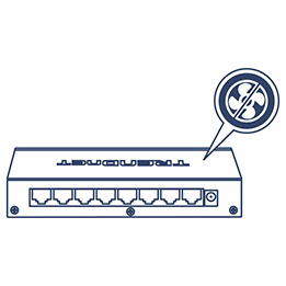 Line art of a 8-Port Network Switch with a no-fan icon.
