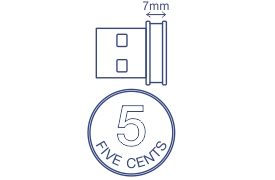 Technical drawing showing a Micro N150 Wireless USB Adapter on the left, a vertical line with 7mm above it indicating a measurement, and a five-cent coin below with 5 in the center and FIVE CENTS written underneath, providing a sense of scale.