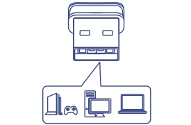 Illustration of a Micro N150 Wireless USB Adapter at the top. Below it, a speech bubble contains various connected devices, including a gaming console, desktop computer monitor, and laptop, showing how the adapter connects multiple devices to a network.