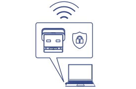 A stylized representation of wireless encryption technology. At the bottom, there is a laptop with a speech bubble pointing towards a Wi-Fi signal icon and a shield icon with a padlock, indicating security. Inside the bubble, there is a Micro N150 Wireless USB Adapter.