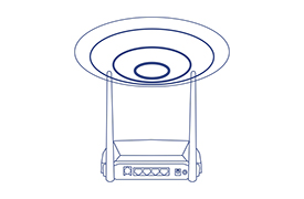 Dessin au trait du Mode-routeur N300 WiFi ADSL 2+ TEW-723BRM avec un signal sans fil rond.