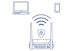 Dessin au trait du Mode-routeur N300 WiFi ADSL 2+ TEW-723BRM avec une illustration de signal sans fil et un bouclier avec une icône de cadenas, montrant également un ordinateur portable et un smartphone.
