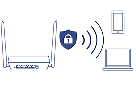 Line art of the N300 WiFi Router TEW-731BR with a wireless signal illustration and a shield with a lock icon, also showing a laptop and a smartphone.