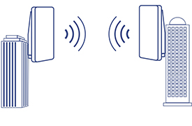 Illustration of a preconfigured point-to-point bridge with two structures emitting wireless signals, indicating connectivity.