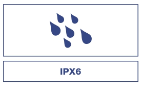 Water drops symbols and a label indicating IPX6 rating.