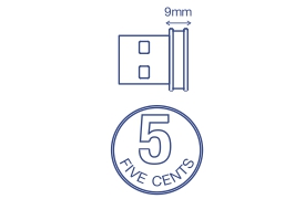 The diagram shows the side view of a USB connector with a width of 9 millimeters exposed. Below it, there is a top view of a coin inscribed with the number 5 and the words FIVE CENTS, demonstrating the compactness of the connector.