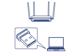 The illustration shows a wireless router with four antennas at the top. At the bottom right, there is a laptop, and to the left of the laptop, an inset features a USB adapter with an arrow pointing toward the laptop.