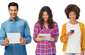 The illustration shows three people: a man on the left holding and looking at a tablet, a woman in the middle also using and looking at a tablet, and a woman on the right holding and looking at a smartphone.