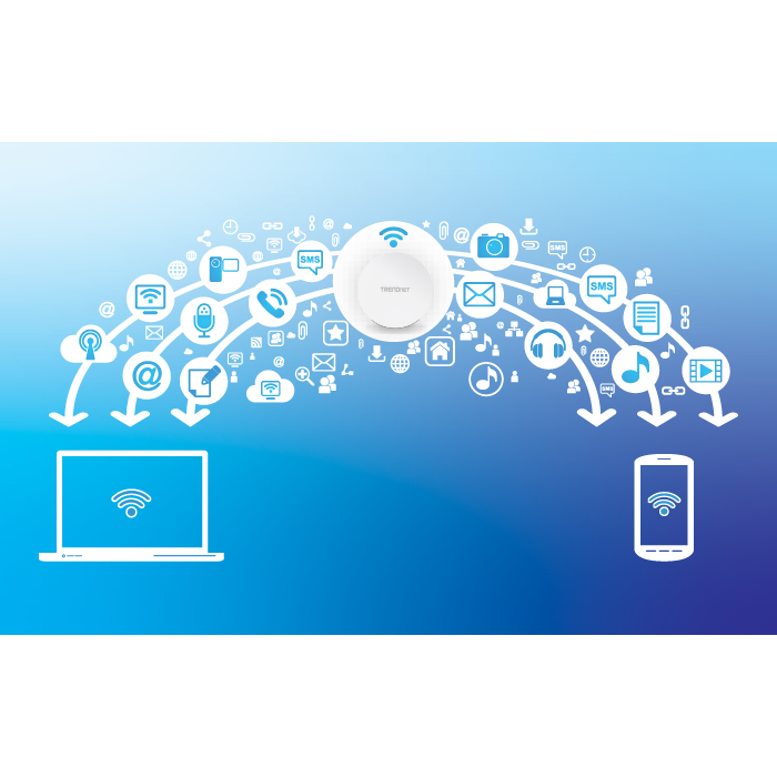 A wireless network hub connected to a laptop and smartphone, with icons representing various digital services like email, cloud storage, and social media, all linked by dotted lines.