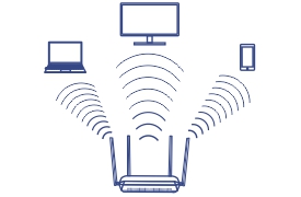 Illustration der MU-MIMO-Technologie in einem Heimnetzwerk. Ein zentraler Router sendet WLAN-Signale an einen Desktop-Computer, Laptop und ein Mobiltelefon und demonstriert so die gleichzeitige Datenverarbeitung für mehrere Geräte.
