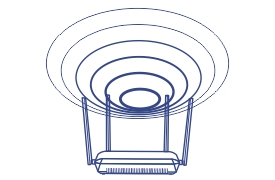 Strichzeichnung eines zylindrischen WLAN-Routers mit konzentrischen Kreisen, die von oben nach außen strahlen und Signalwellen darstellen. Das Design deutet darauf hin, dass es sich um ein leistungsstarkes drahtloses Gerät für den Internetzugang handelt.