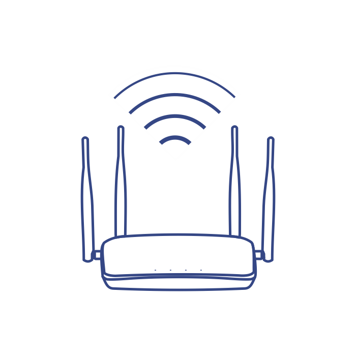 Desenho de linha de um roteador sem fio com quatro antenas, luzes indicadoras e ondas de sinal, indicando que ele está ligado e transmitindo.