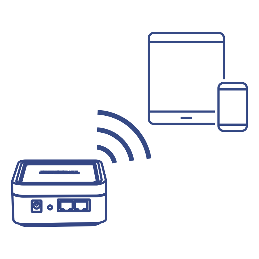 Ilustração de arte de linha de um nó remoto AC1200 Dual Band WiFi EasyMesh transmitindo um sinal sem fio para um tablet e celular.