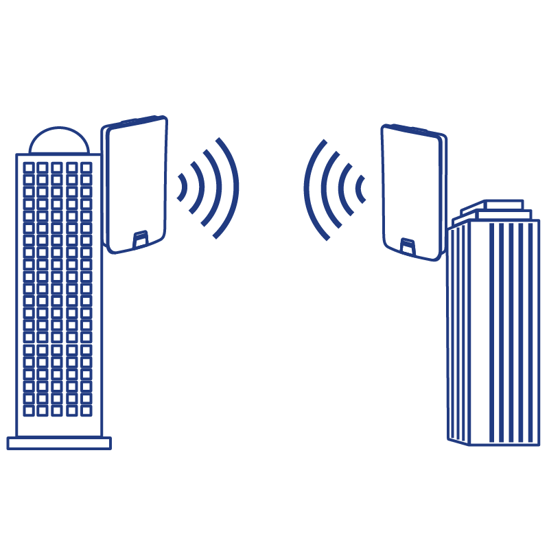Ilustração de uma ponte ponto-a-ponto pré-configurada com duas estruturas emitindo sinais sem fio, indicando conectividade.