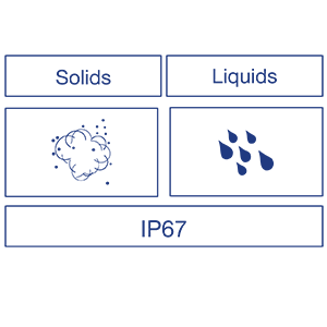 Image showing IP67 rating for outdoor readiness. Two sections: Solids with a dust cloud icon indicating dust protection, and Liquids with water droplet icons indicating water immersion protection. Label IP67 at the bottom center confirms the rating.