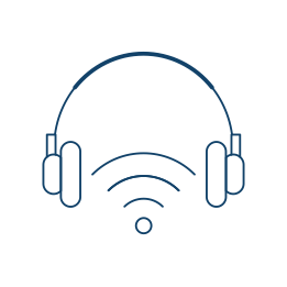 Line art of headphones and a Wi-Fi signal.