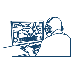 Line art of a person using a desktop computer with headphones.