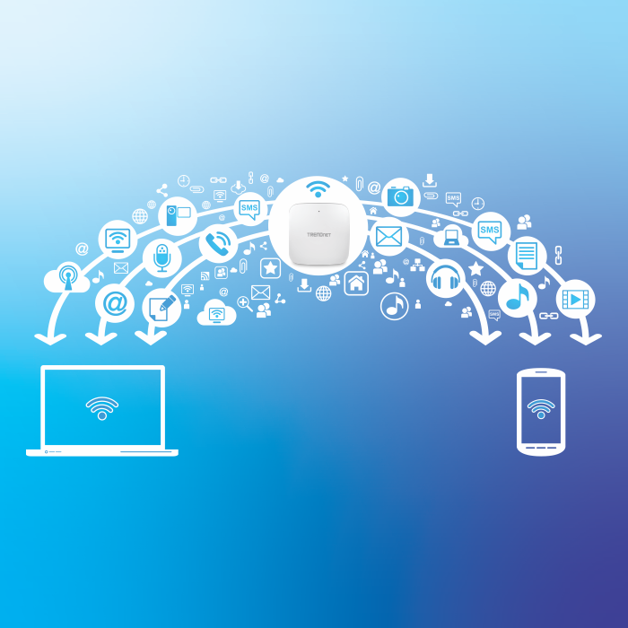 A wireless network hub connected to a laptop and smartphone, with icons representing various digital services like email, cloud storage, and social media, all linked by dotted lines.