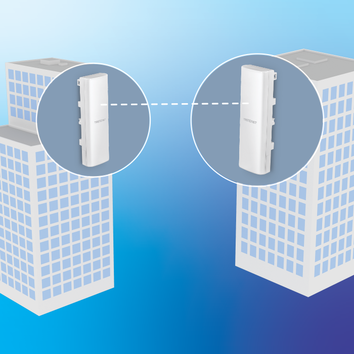 Two wireless access points set up for point-to-point communication between two buildings.