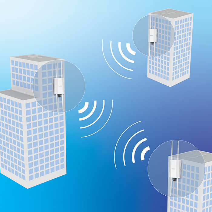 Three outdoor wireless access points set up for point-to-point communication between three buildings.