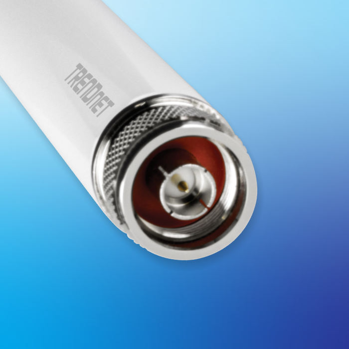 A close-up view of a cylindrical object with a white body and a metallic connector at one end. The connector has a red interior and a central pin, suggesting it is a type of coaxial connector. The word TRENDnet is printed on the white body of the object. The background is a gradient of light blue to dark blue. The connector is identified as an N-Type Connector.