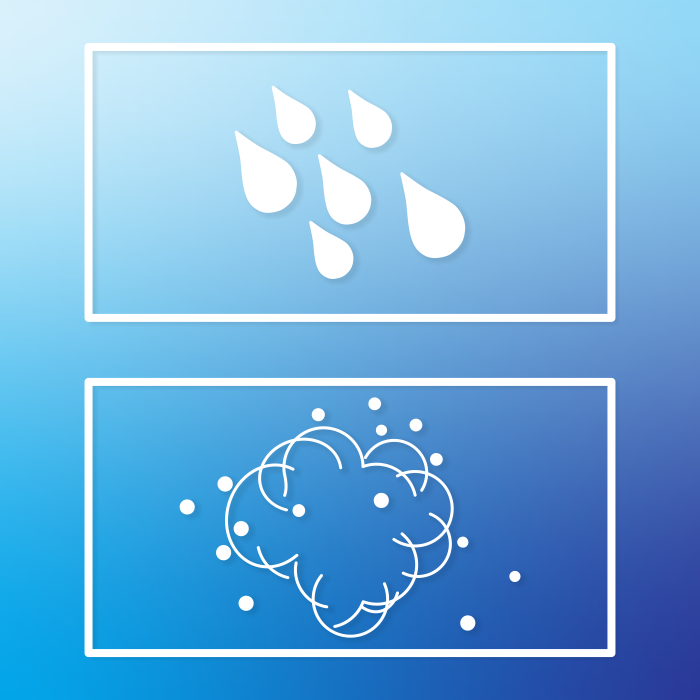 A close-up view of a rectangular image divided into two sections, each displaying a weather-related icon. The top section has five stylized raindrops, indicating rain, while the bottom section features a cloud with swirling lines and small dots, representing snow. The background transitions from light blue at the top to darker blue at the bottom. The image is identified as Outdoor Ready.