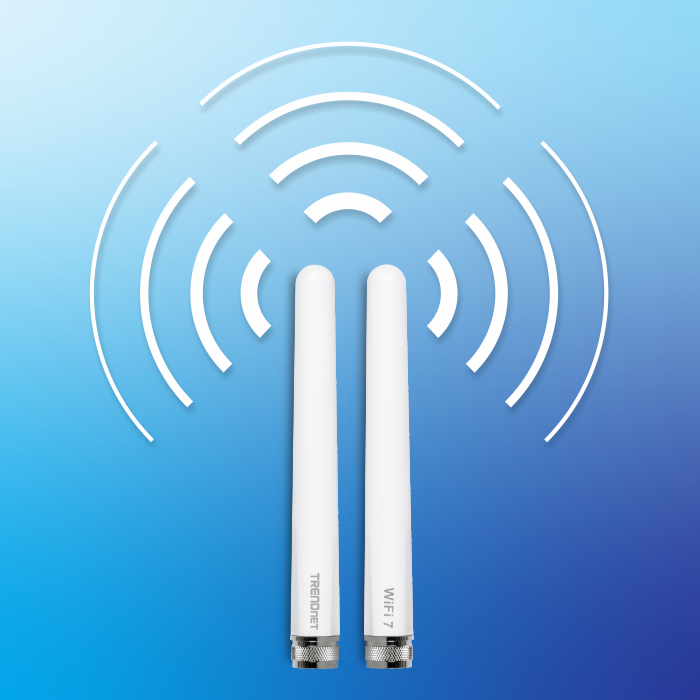 Two white antennas are positioned vertically side by side against a gradient blue background. The antenna on the left has the text TRENDnet, and the one on the right has the text WiFi 7. Above the antennas, there are multiple curved lines radiating outward, symbolizing wireless signals. Below the antennas, text reads Tri-Band Support.