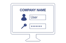Illustration of a computer monitor displaying a captive portal login page with COMPANY NAME at the top, user icon, and fields for username and password entry.