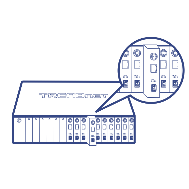 Depiction of a TRENDnet TFC-1600 Chassis, featuring the front panel with various slots and indicators. The image emphasizes that the chassis can operate independently or be integrated.