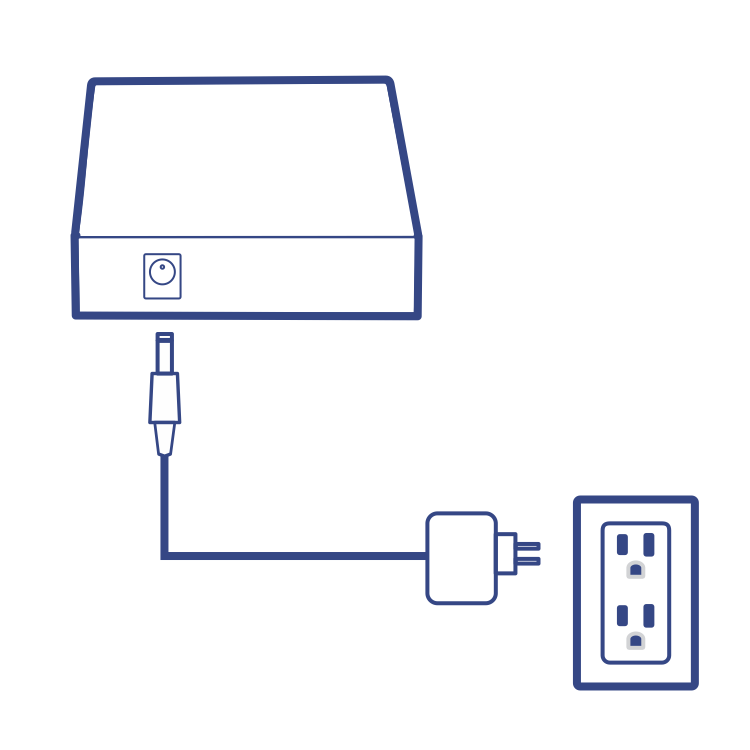 A line drawing showing a media converter connected to a power adapter, which is plugged into an electrical outlet. This illustration highlights that the media converter includes a power adapter for independent use.