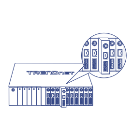 Depiction of a TRENDnet TFC-1600 Chassis, featuring the front panel with various slots and indicators. The image emphasizes that the chassis can operate independently or be integrated.
