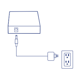 A line drawing showing a media converter connected to a power adapter, which is plugged into an electrical outlet. This illustration highlights that the media converter includes a power adapter for independent use.